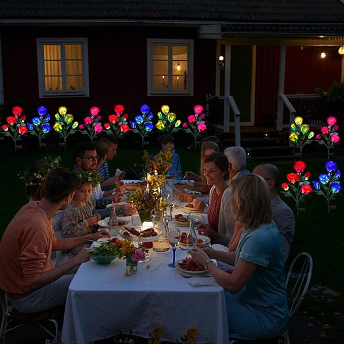 ANGMLN Solar Garden Lights, 6 Pack Solar Flower Lights Outdoor Waterproof with 30 Head Realistic Rose 7-Color Changing Landscape Light for Garden Yard Pathway Patio Grave Cemetery Decoration