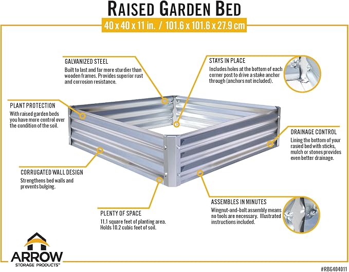 Arrow Sheds GrowIT Galvanized Steel Raised Flower and Plant Bed for The Garden or Greenhouse, 40" x 40" x 11"
