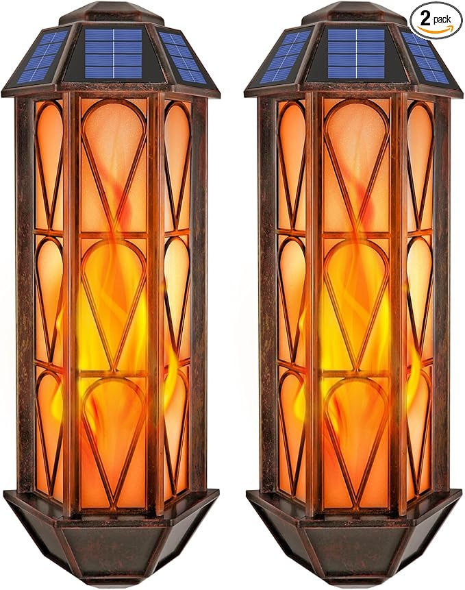 Solar Flame Lights Outdoor, Upgraded 74 LED Flickering Flame Lights, Solar Powered Auto On/Off, Outdoor Waterproof Wall Lanterns for House Garage Doorway Garden Porch Patio Yard Decoration (2 Pack)
