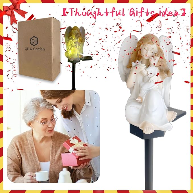 QH & Garden 2-Pack Angel Solar Garden Light - LED Waterproof Lights Mother's Day Gift,Solar Powered Garden Stake Lights for Balcony, Yard, Lawn, Pathway, Walkway-Angel Statues Grave Decorations