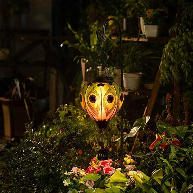 Peacock Hot Air Balloon Hanging Solar Lantern Lights, Flickering Flame Solar LED Candle Lights Outdoor Garden Decorative Metal & Glass Waterproof Lanterns for Yard Patio Farmhouse Decoration
