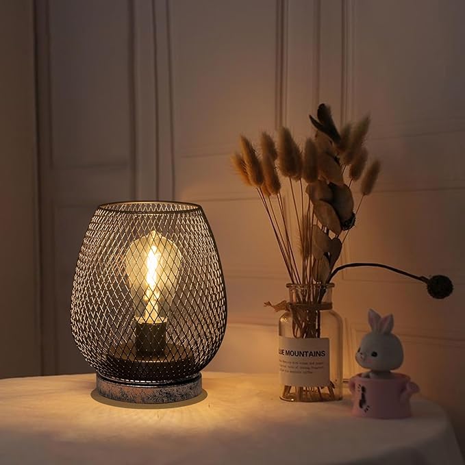 2 Pack Battery Operated Lamp Outdoor Table Lantern,Metal Cage Cordless Lamps with LED Bulb for Weddings Parties Patio Events Indoor Outdoor Patio Bedroom Living Room(Bronze)