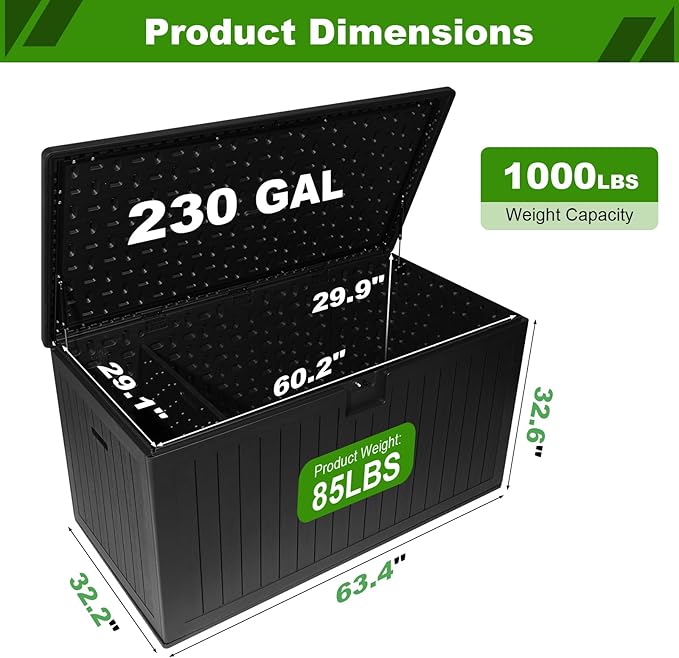 270 Gallon Outdoor Storage Box Waterproof, Extra Large Plastic Outside Deck Box Weatherproof, Resin Patio Storage Bin with Lock and Lids for Pool Equipment and Cushion, Black