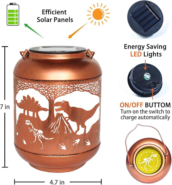 Dinosaur Solar Lanterns Outdoor Waterproof,Hanging Solar Lights Dinosaur Gifts for Women Men Metal LED Decorative Light for Yard,Patio,Lawn,Tabletop,Pathway,Landscape,Garden Decor