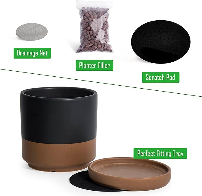 D'vine Dev Ceramic Planter Pot with Drainage Hole and Saucer, Indoor Cylinder Round Flower Pot, 4.6 Inch, Black/Speckled Tan, 94-O-B-7