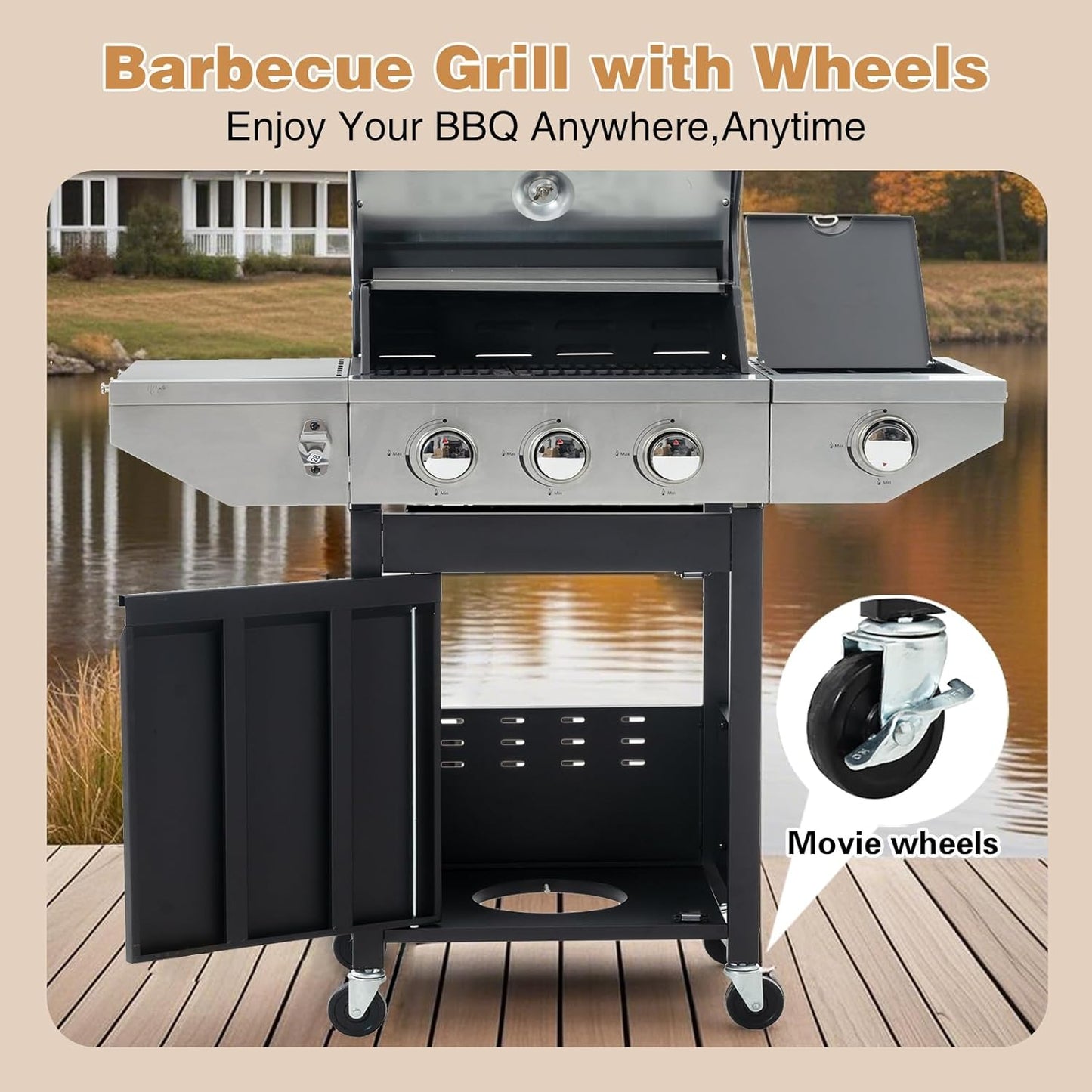Endark 3-burner propane gas grill | 37,000 BTU stainless steel with side-fire function | with enameled cast iron grate, thermometer and side stand wheels | great for patio and garden outdoor cooking