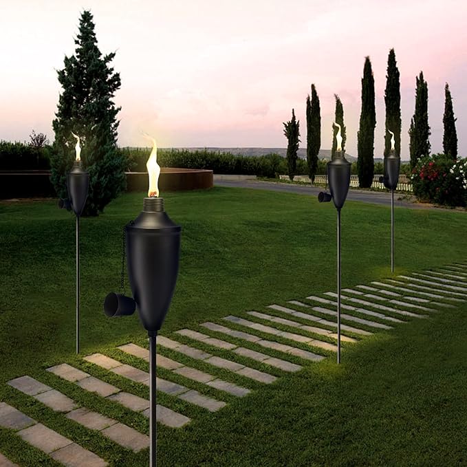 6 Pack Garden Torches for Outside， 22 oz Metal Citronella Torch with 3-Prong Grounded Stake, Perfect for Patio, Lawn, and Backyard Décor