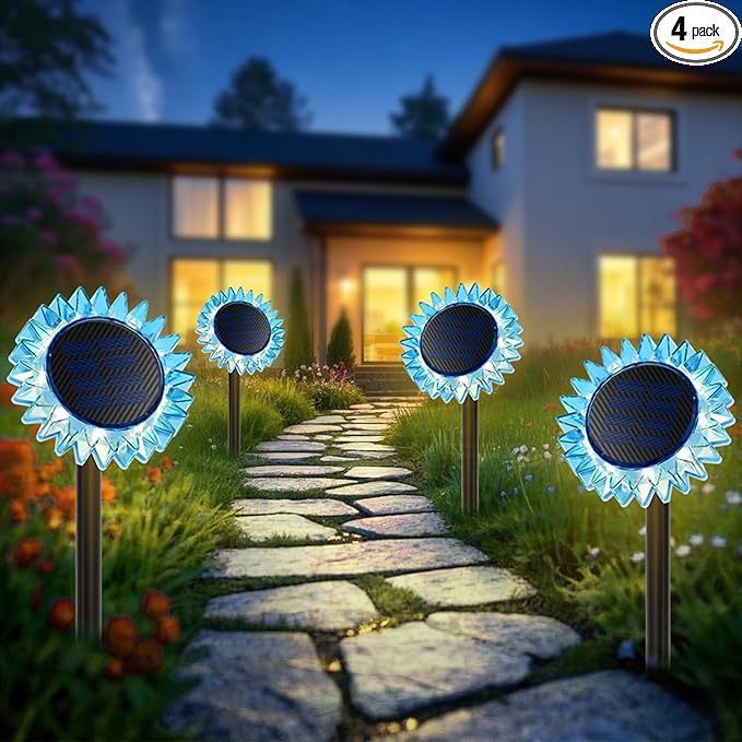 Outdoor Solar Lights, 4 Pack Led Solar Sunflower Lights, Stake/Wall 2-in-1 Waterproof Solar Garden Lights for Yard, Landscape, Fence, Patio, Driveway, Pathway, Backyard Decoration (Warm White)