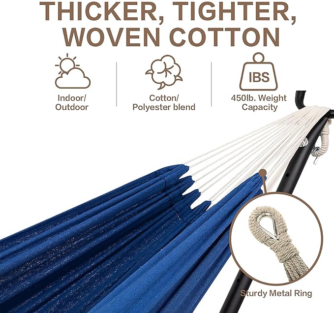 PNAEUT Double Hammocks with Stand for Outside, Portable Space Saving Heavy-Duty Steel Stand for Indoor Outdoor Patio with Carrying Bag, 450 lbs Capacity (Navy)