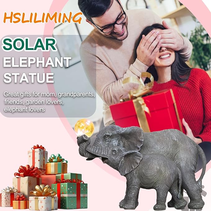 Solar Elephant Statues Lights for Outdoors Garden Decor, Large Outdoor Elephant Statues, Modern Elephant Resin Statue Decorations with Color-Changing Bulb, Unique Housewarming Gifts for Mom, Women