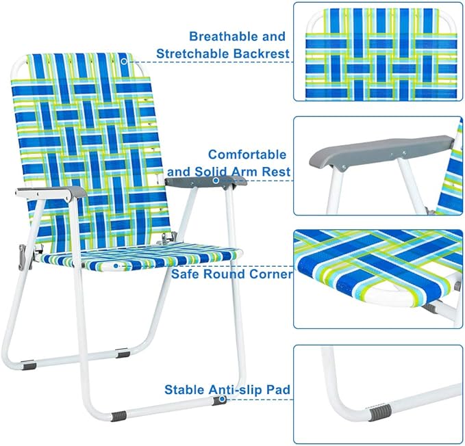 VINGLI Patio Lawn Webbed Folding Chairs 1 Piece, Outdoor Beach Chair Portable Dining Chair for Outdoor Yard, Garden (Blue, Classic)