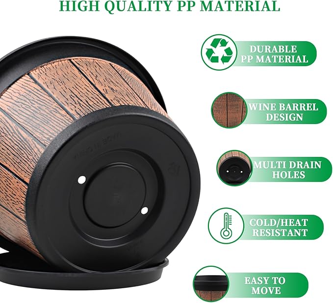 Quarut Large 4 Pack 16 inch Plant Pots,Whiskey Barrel Planters with Drainage Holes & Saucer,Plastic Decoration Flower Pots Retro Design,Planters for Outdoor Indoor Garden Balcony Plants (Brown)