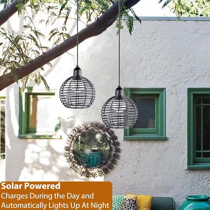 Hanging Solar Lantern Lights Waterproof, Outdoor Chandelier with G50 Warm White LED Bulbs, Black Rattan Globe Shades, Solar Decorative Lights for Patio Tree Pergola Gazebo Porch Garden-2Pack