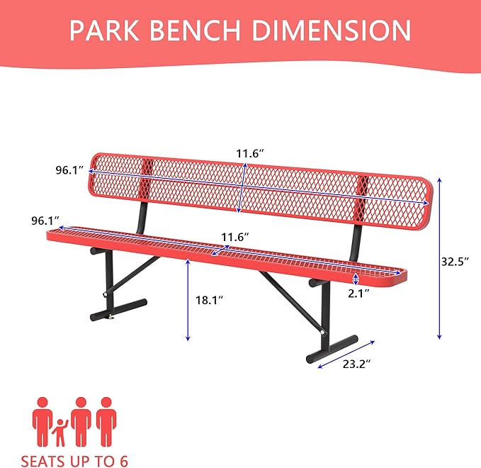 4/6/8 Feet Park Bench for Outside Heavy Duty Metal, Garden Benches Outdoor Bench with Backrest & Portable Frame, for Shopping Malls Stores Parks Patios Decks, Red