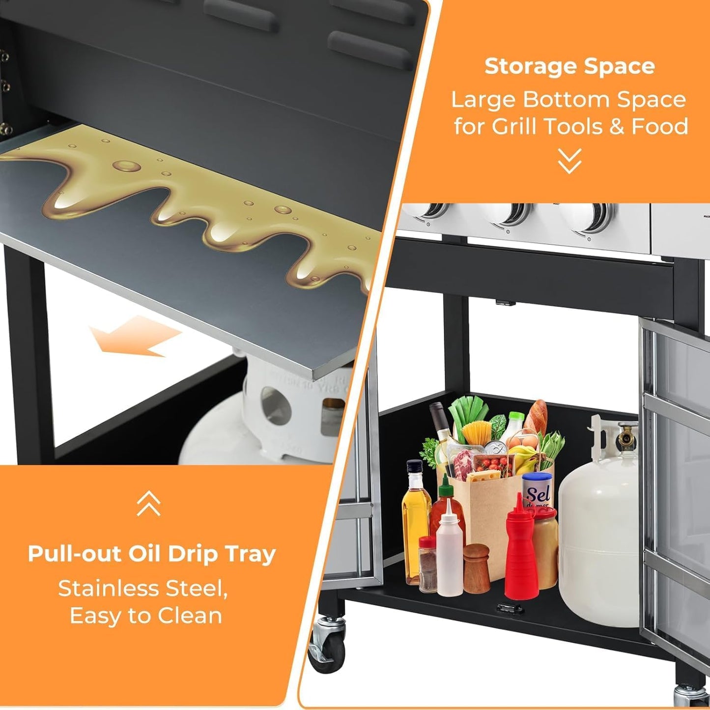 4 Burner Gas Grill with Side Burner, Dual-sided Frying Pan, Built-in Thermometer, Wheels, Side Table, Stainless Steel Burner, 47,000 BTU Outdoor Grill for Patio, Garden, Balcony