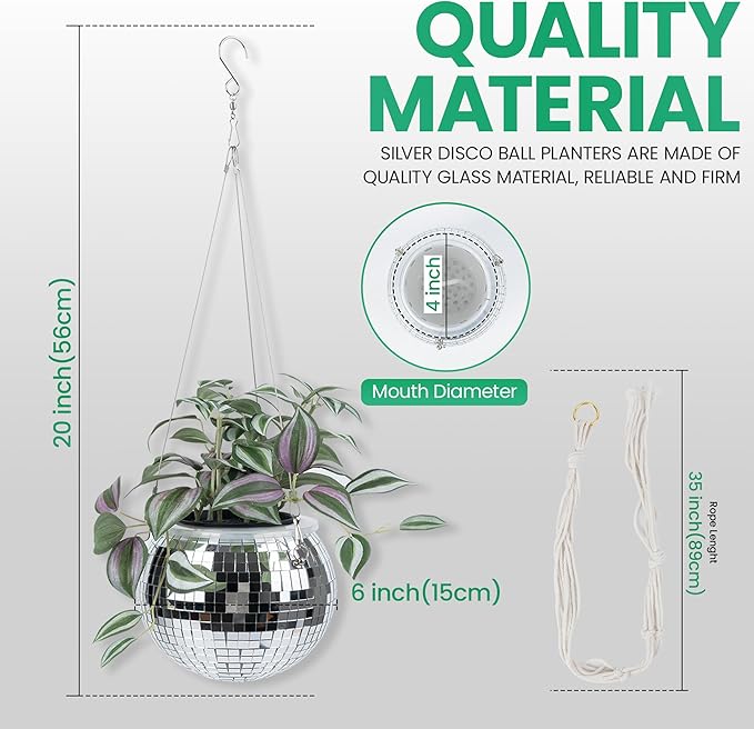 6" Disco Ball Planter – Rotating Mirror Planter with Macrame Hanger & Wooden Stand for Indoor and Outdoor Plants