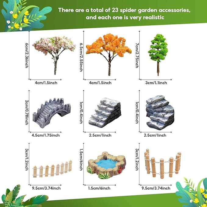 23 Pcs Fairy Garden Miniatures Jumping Spider Enclosure Accessories, Mini Bridge Fence Pond Street Lamps Mushroom Lawn Figurines Garden Decorations for Jumping Spider Habitat