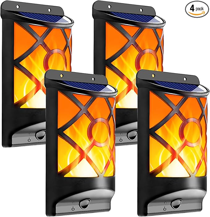 Solar Flame Lights Outdoor, Realistic 3D Flickering Flames with 66 Ultra-Bright LEDs - Waterproof Wall Mount Lanterns for Deck, Fence, Patio, Garden, Auto On/Off (4-Pack Value Set)