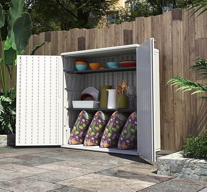 HOMSPARK Indoor/Outdoor Storage Cabinet with Doors and Shelf, 34”x16”x36” HDPE Plastic Storage Box for Patio, Bedroom, Bathroom, Living Room, Balcony, Multi-Purpose for Daily Tools, White