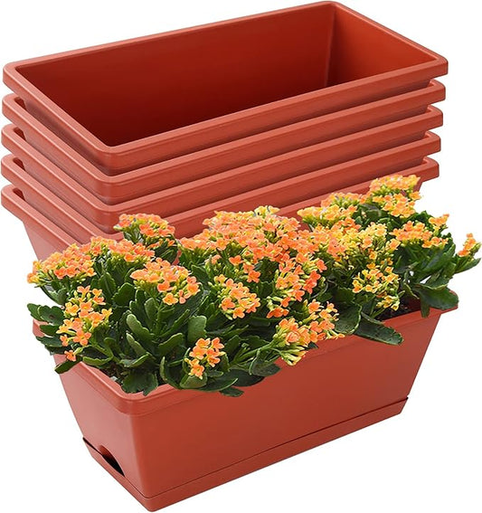 Window Box Planter, 7 Pack Plastic Vegetable Flower Planters Boxes 17 Inches Rectangular Flower Pots with Saucers for Indoor Outdoor Garden, Patio, Home Decor (Red)