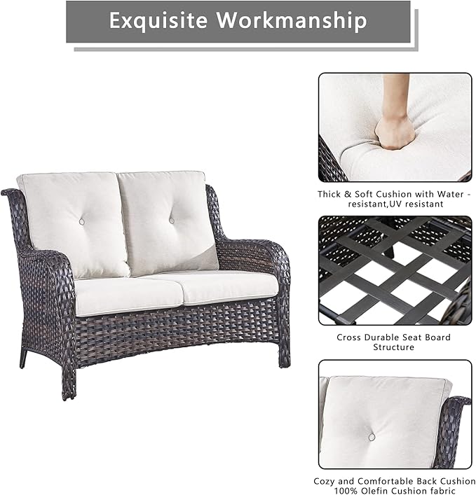 Outdoor Wicker Patio Furniture Set - 6 Piece Rattan Patio Conversation Set with 2 Rocking Swivel Chairs,2 Ottomans,1 Loveseat and 1 Coffee Table for Porch Deck Backyard Garden(Brown/Beige)