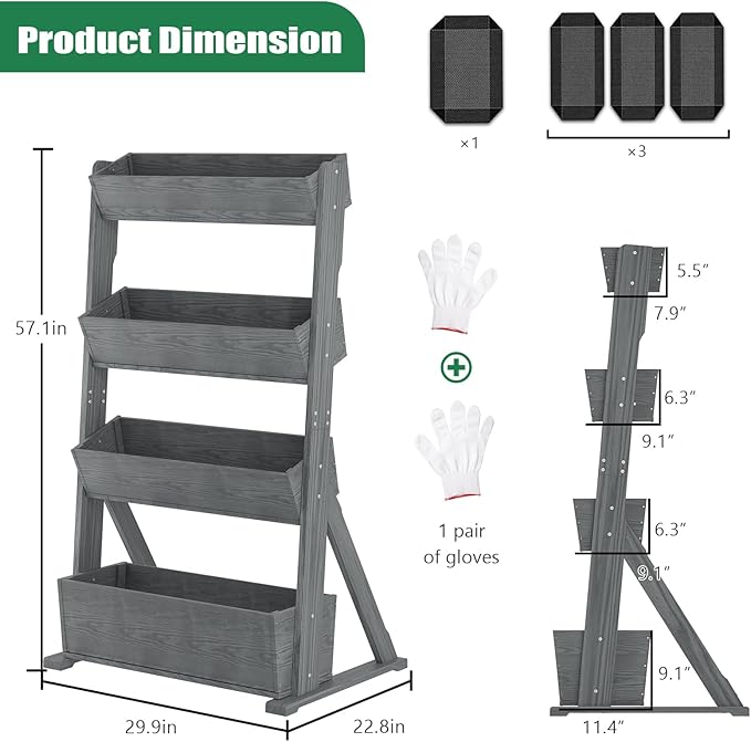 SUNYRISY 4 Tiers Vertical Raised Garden Bed Outdoor Planter Tower, Wooden Freestanding Planter Box for Planting Herbs Flowers Vegetables Backyard Patio Balcony Indoor Outdoor Gardening, Grey