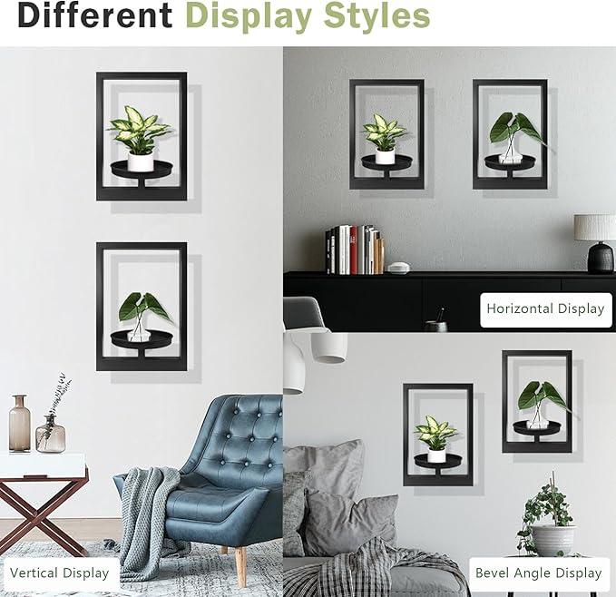 Picture Frame Plant Holder, Wall Mount Plants shelf Indoor Outdoor, Metal Hanging Planters Stand Decor, Window Planter Hanger Shelves, Modern Floating Ornament Rack Art for Home & Garden((Black 2pc))