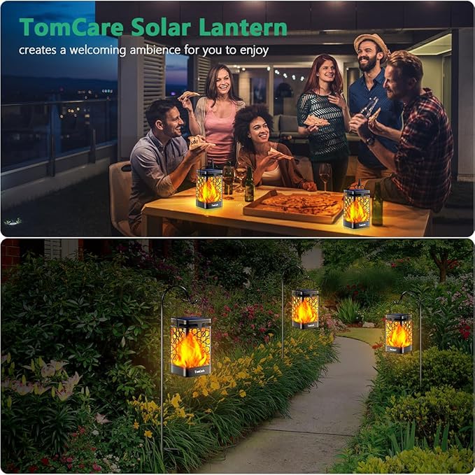 TomCare Solar Lights Upgraded Solar Lantern Flickering Flame Outdoor Hanging Lantern Decorative Lighting Solar Powered Waterproof LED Flame Umbrella Lights for Patio Garden Deck Yard, 4 Pack