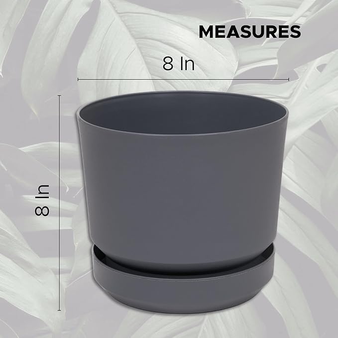 Elly Décor 8 inch Plastic Cylinder Planter Pot with Self-Watering Saucer and Drainage Hole,Lightweight & Extremely Durable, 8"x 8", Gray