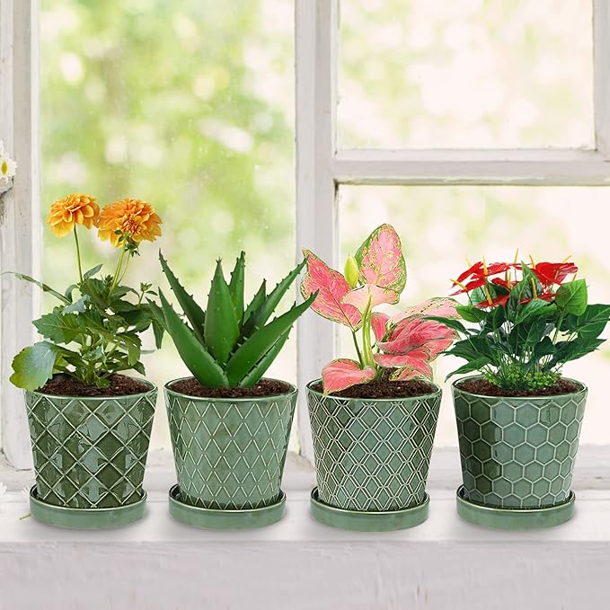 EFISPSS Flower Planter –5 inch Ceramic Plant Pots with Drainage Hole and Ceramic Tray - Gardening Home Desktop Office Windowsill Decoration Gift Set of 4 - Plants NOT Included