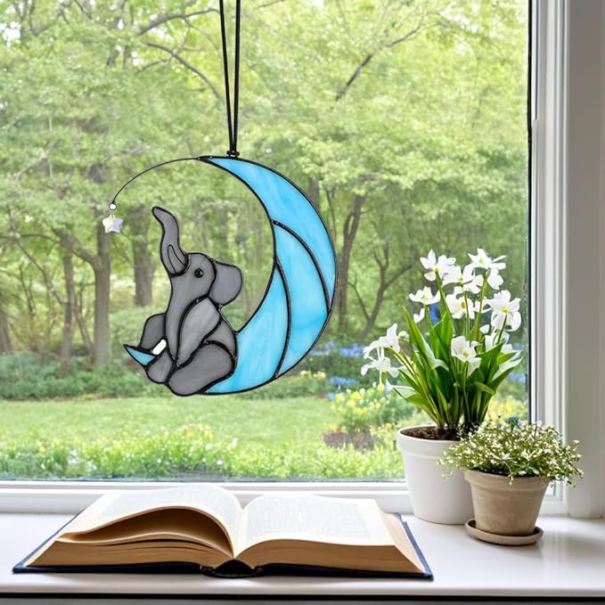 HDCRYSTALGIFTS Glass Elephant Ornament Stained Glass Window Hanging Decor, Modern Design Elephant on Moon with Star Collectibles Handcrafted Sun Catcher Gifts for Birthday Women