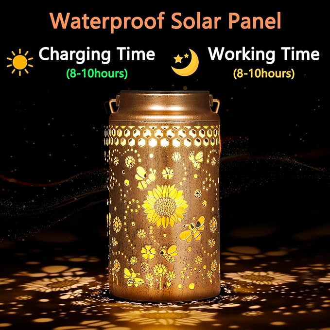 Bee Solar Lanterns Outdoor Waterproof, Metal Hanging Lights Decorations for Garden Yard Lawn Patio, Unique Bee Gifts for Women Mom Grandma Aunt Mother in Law Christmas