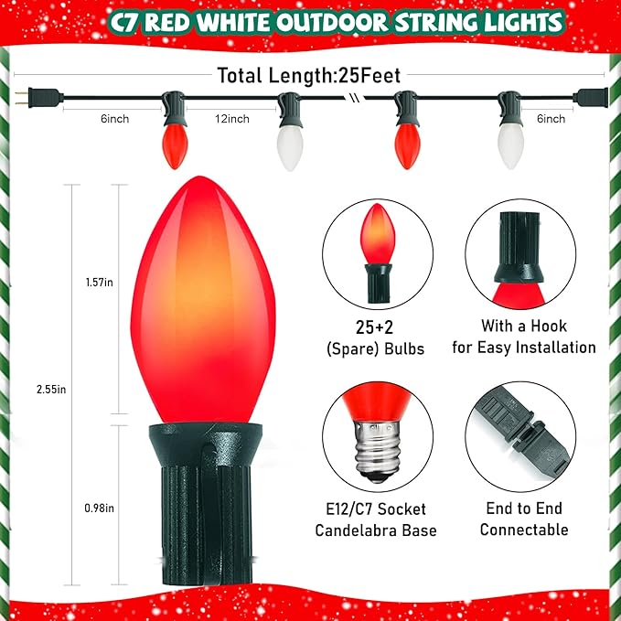 C7 LED Red and White Christmas Lights, 25Ft Outdoor Decorations With 27 Shatterproof Bulbs, Hanging Vintage Christmas Lights for Tree Roofline Holiday Party Backyard