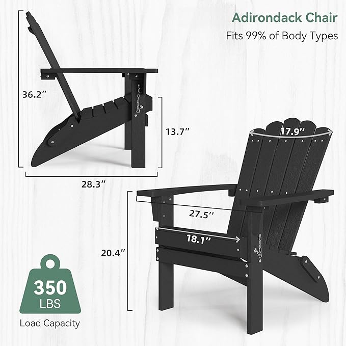 Folding HDPE Adirondack Chair Set of 2, Weather-Resistant Patio Chair with Wide Armrests & High Backrest, Fire Pit Chair for Garden, Backyard, Porch - Black