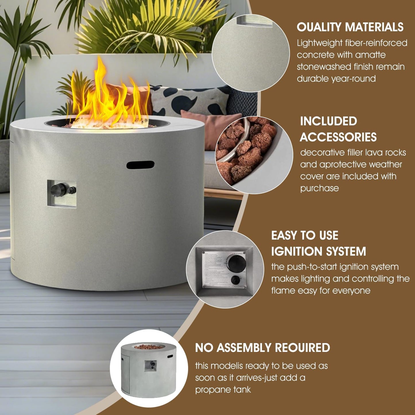 32 Inch Propane Outdoor Fire Pit Table, Round Patio Fire Table 50,000 BTU w/Lid, Lava Rocks, Weatherproof Cover, Alloy Steel Propane Fire Pit Table for Deck, Backyard and Pool, CSA Certified, Gray