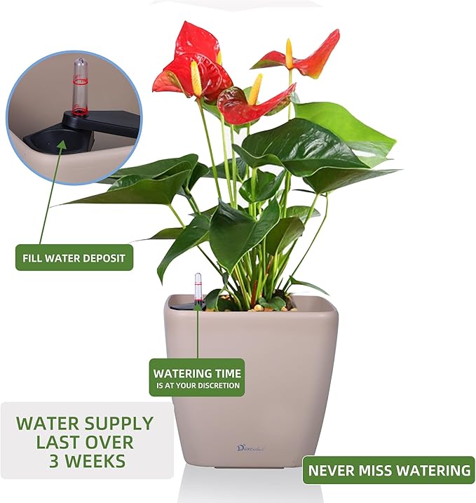 Dexceder 18x17 Self Watering Planter with Wheels Indoor Outdoor, Inner Mat Design, Thickened Large Floor Standing Flower Plant Pot with Water Level Indicator (Taupe Matte)
