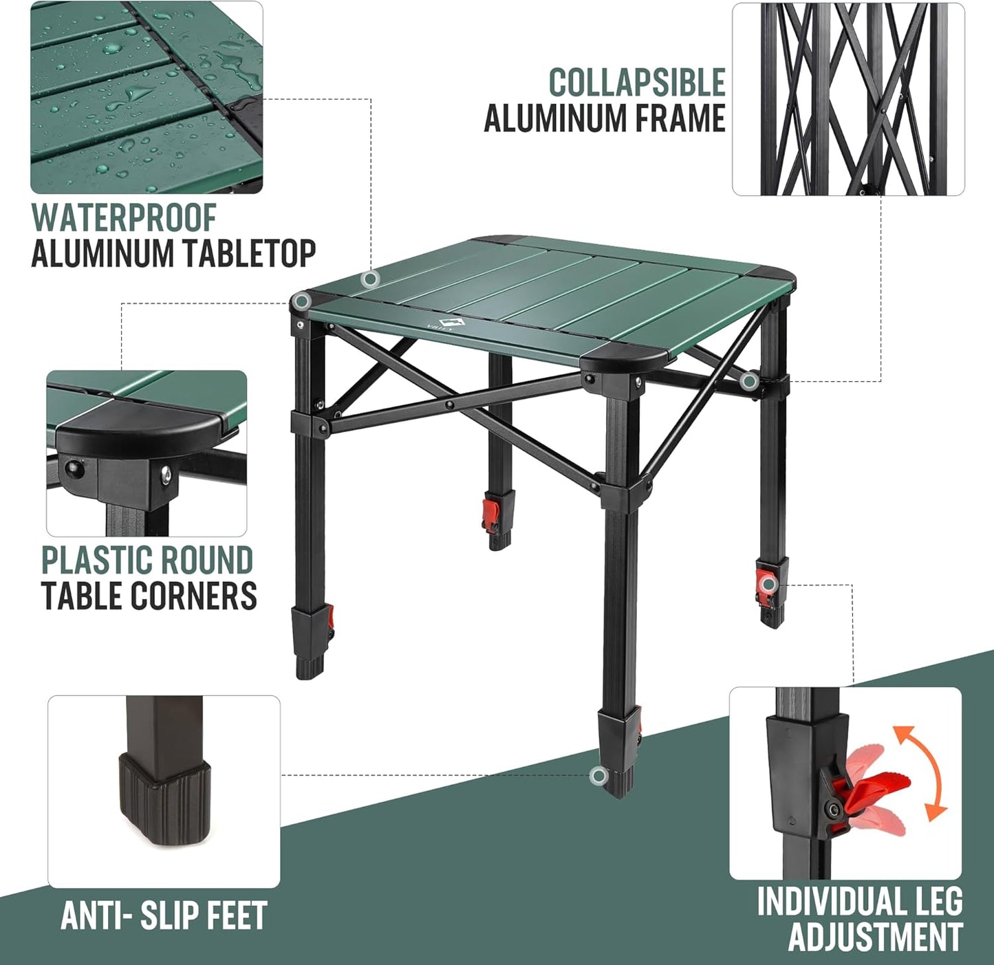 VILLEY Folding Camping Square Table with Carry Bag, Lightweight Aluminum Adjustable Square Table for Outdoor, Camping, Picnic, Backyards, BBQ (S)