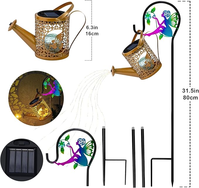 Solar Lights Garden Decorative, Solar Watering Can with Cascading Lights, Waterproof Metal Lantern with Fairy Shepherd Hook, Outdoor Decor for Yard, Patio, Lawn, and Pathway