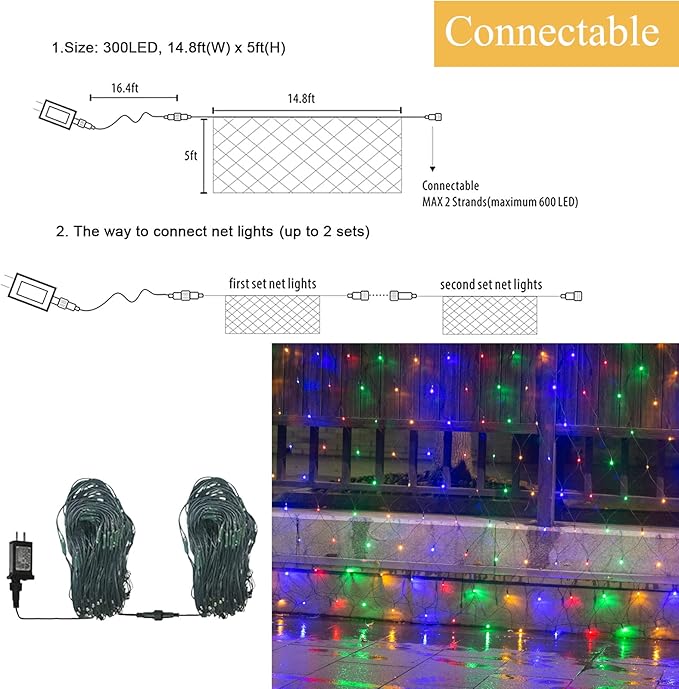 Colorful Christmas Net Lights Outdoor Mesh Lights, 14.8ft x 5ft 300 LED Multicolor Net String Lights 8 Modes Connectable Fairy Mesh Twinkling Christmas Lights for Bushes Tree Party Yard Garden Decor