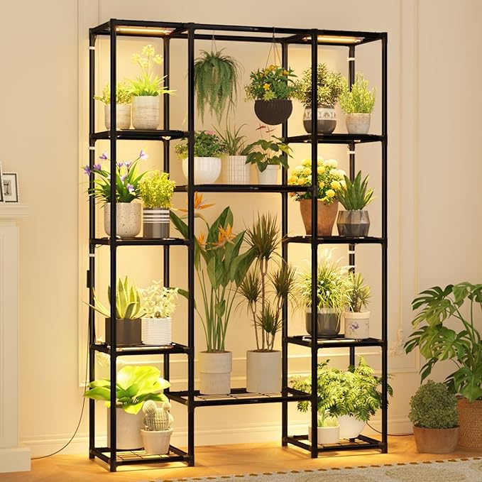 Plant Stand Indoor with Grow Lights Large Plant Shelf Plant Cabinet Hanging Plant Rack Metal Plant Holder for Multiple Plants for Living Room Patio Balcony Garden Black