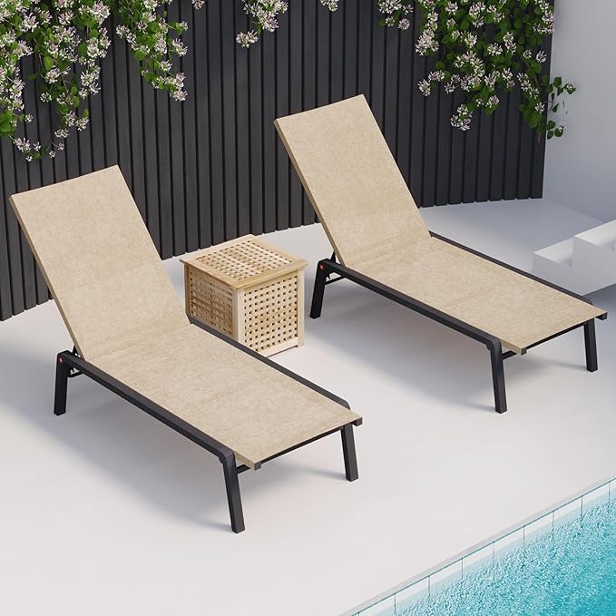 Patio Chaise Lounge Set of 2 with 4 Adjustable Backrest, Foldable Aluminum Chaise Lounge Chair Recliner for Outdoor, Poolside, Sun Tanning Flaxen