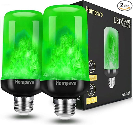 Hompavo 【Upgraded】 LED Flame Light Bulbs, Green Flickering Light Bulbs with Upside Down Effect, E26 Flame Bulb for Home Halloween St. Patrick's Day Christmas Decorations Indoor & Outdoor, 2 Pack