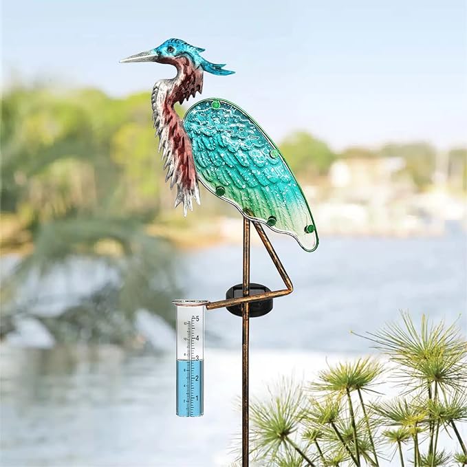 Heron Rain Gauge Solar Stake Outdoor, 43’’ Solar Rain Gauge LED Lights with Rainfall Gauge for Garden, Yard, Lawn, Pathway, Patio