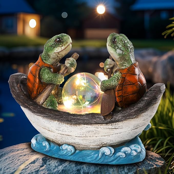 Solar Turtles Boating Garden Statue with Ball Light 5.5" Resin Turtle Figurines Outdoor Statues for Garden Patio Porch Yard Lawn Women Kids Men