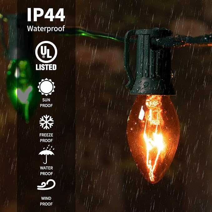 C9 Bulb String Lights Outdoor 50 Feet Multicolored Christmas Lights Green Wire for Outdoor Patio Room Christmas Tree Party Backyard Decoration, E17 Base, 50 +2 Bulbs