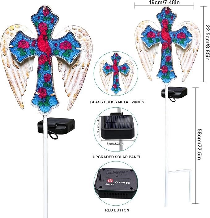 YJFWAL Cardinal Bird&Rose Cross Garden Stake Light, Solar Glass Cross for Cemetery Grave, Jesus Cross Angel Wings Sympathy Memorial Gifts, Halloween Christmas Garden Lawn Yard Patio Decor