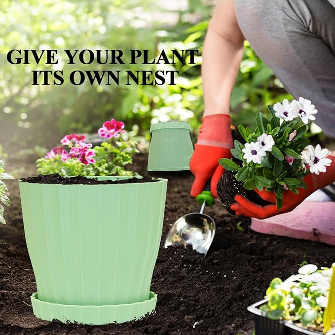 5 Pack Flower Pots for Indoor Plants, 6 inch Plant Pots Outdoor Planters for Porch Garden Office Home Decorative Holiday with Drainage Holes and Saucers, Plastic Planter Nursery Pots Green