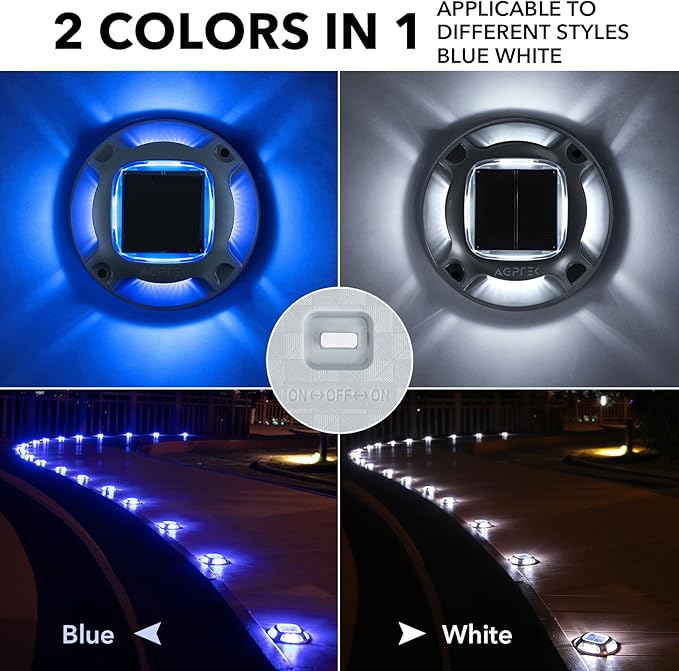 AGPTEK Solar Driveway Lights Outdoor 4 Pack, 2 Color Modes LED Deck Dock Marine Waterproof Security Marker Lights for Step Sidewalk Stair Garden Pathway Walkway Yard(Blue Light/Cool White)