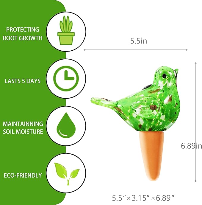 Glass Bird Shaped Plant Watering Ball Glass Automatic Watering Ball Flower Pot Insertion Spike Drip Irrigation Device Watering Ball Irrigation System Plant Enthusiast Gift (Green)