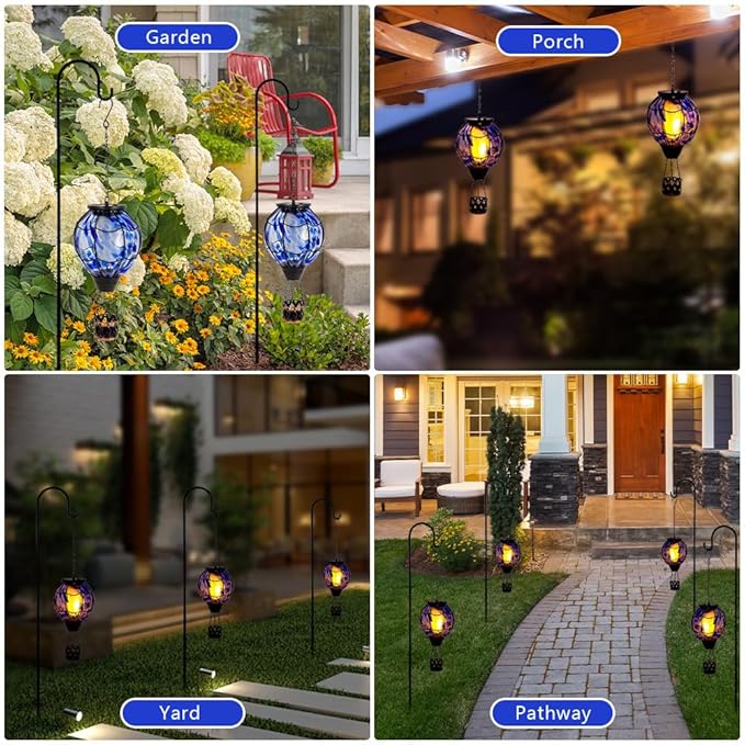 2PCS Solar Hot Air Balloon Lantern with Flickering Flame,Blue Glass Hot Air Balloon Solar Lanterns Outdoor Waterproof Hanging Decorative Light for Patio Porch Yard,Garden Gifts for Women